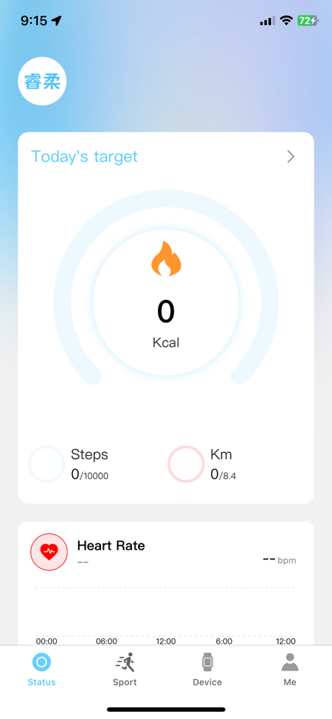 Schermata di stato dell'app RIRO SMART che mostra gli obiettivi giornalieri per passi, calorie e frequenza cardiaca