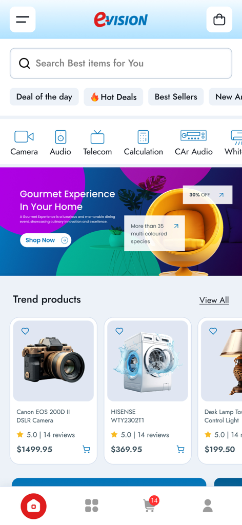 Pantalla de inicio de la aplicación móvil E Vision con barra de búsqueda y productos de tendencia.
