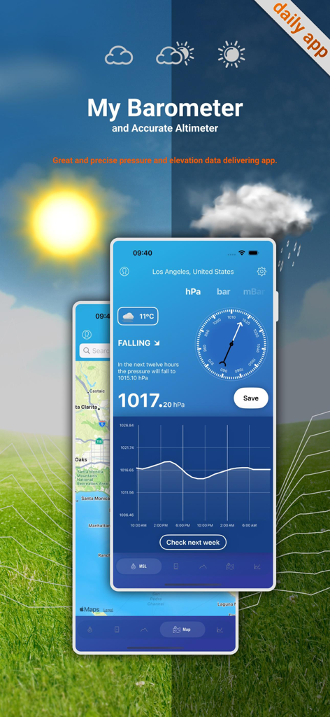 My Barometer and Altimeter - My Barometer and Altimeter app interface showing barometric pressure data and interactive maps on a split weather background.
