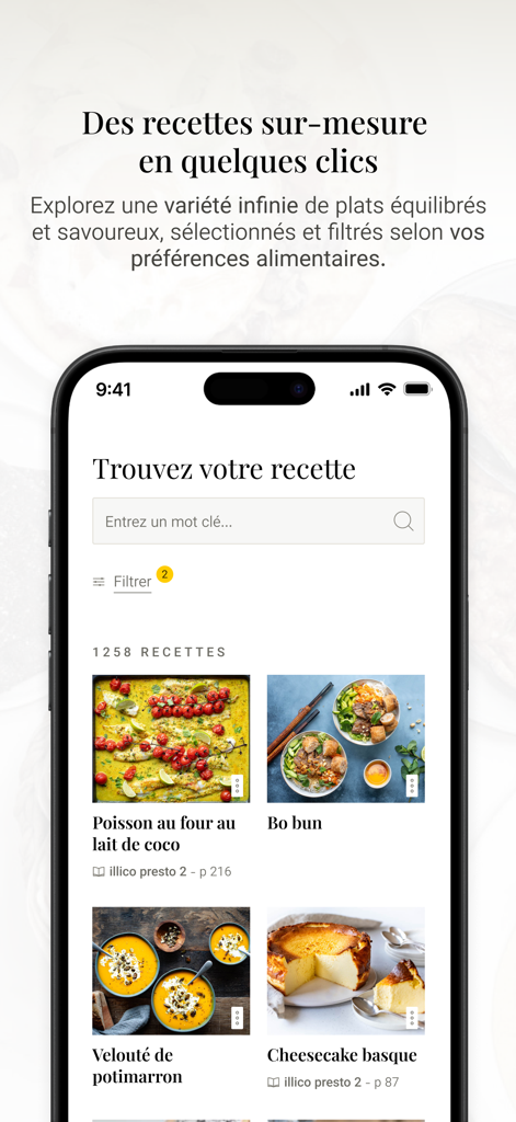 Yummixモバイルアプリのインターフェース。レシピ検索バーとかぼちゃのスープや焼き魚のようなヘルシー料理のコレクションが表示されています。
