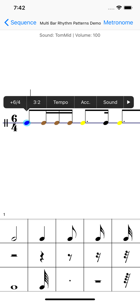 Metron (Pro Metronome) - Metron Pro Metronomeアプリのインターフェース、記譜法ベースの音符の長さと拍子記号が表示されたリズムパターンシーケンサーを表示