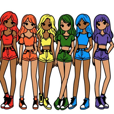 a group of girls wearing crop tops and shorts