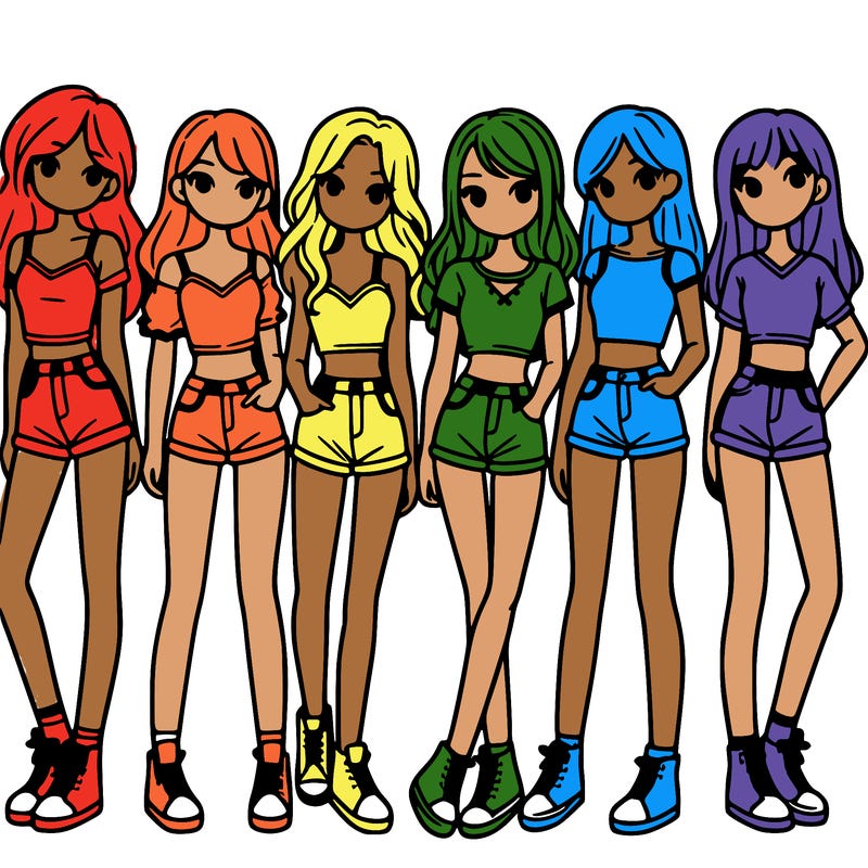 a group of girls wearing crop tops and shorts