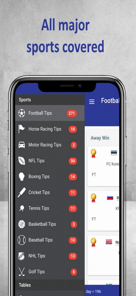 A mobile phone screen displaying the Star Sports Tips app menu with various sports categories including Football Horse Racing and NFL tips