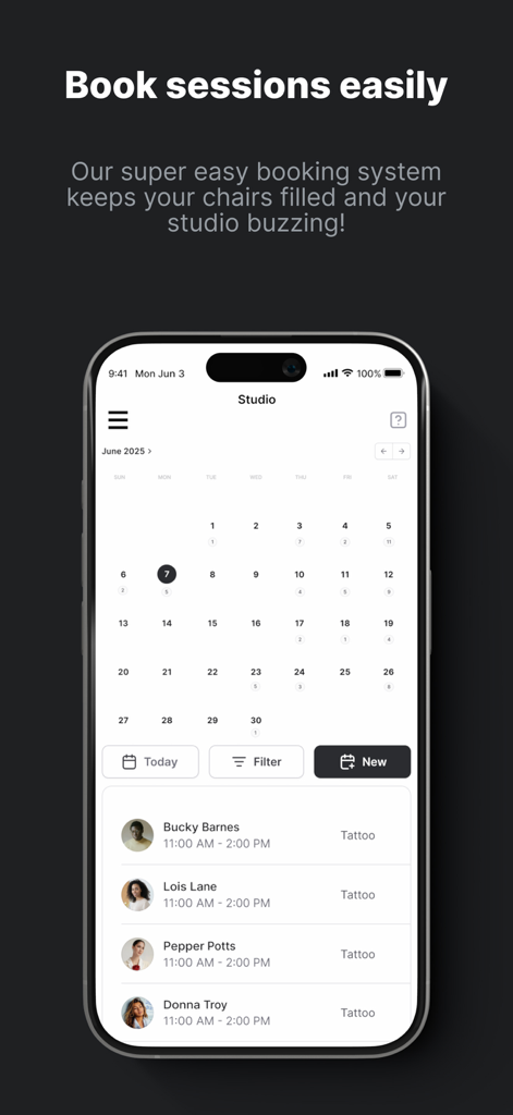 Tattoo Studio Pro - iPhone screenshot of the Tattoo Studio Pro app booking calendar and appointment list.