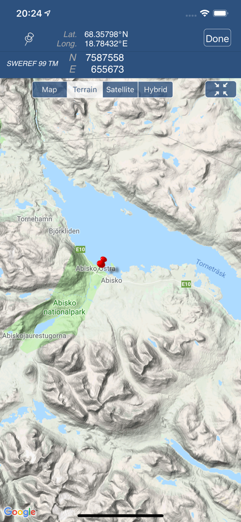 Swedish Coordinates - Swedish Coordinates app map interface showing SWEREF 99 TM location in Abisko.