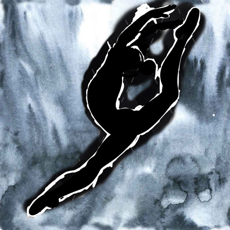 gymnast doing a leap in a leotard with a bent back leg