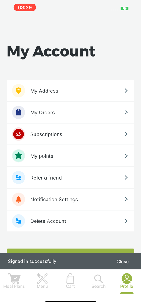 Helpful Foodie - Screenshot of the My Account screen in the Helpful Foodie app showing options for orders subscriptions and profile settings