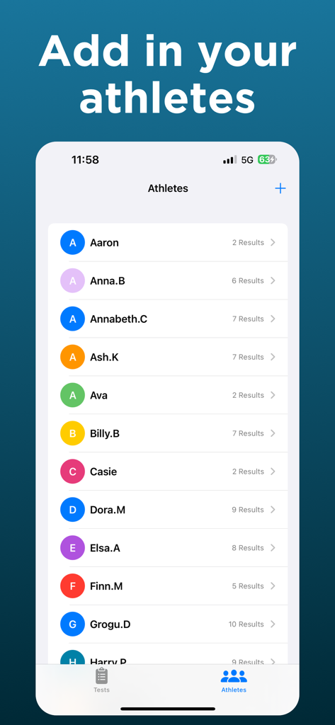 Beep Test for VO2 Max - User interface of the Beep Test for VO2 Max app showing a list of managed athletes and their test results count