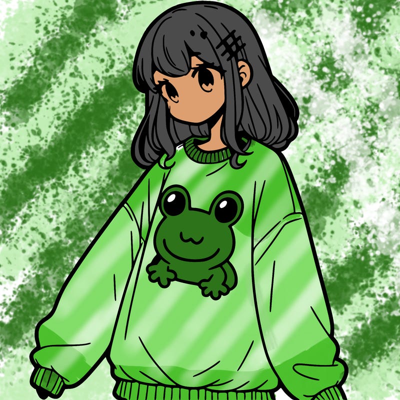 girl wearing frogging sweatshirt