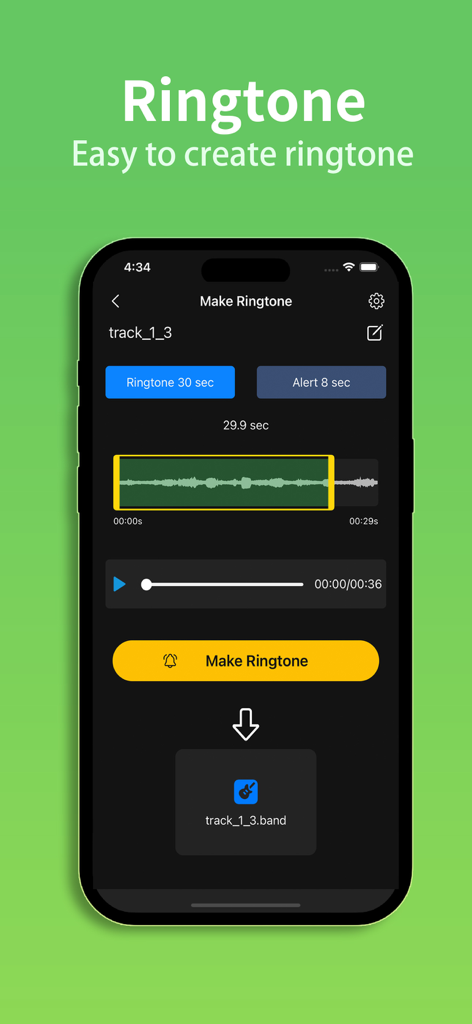 Interfaz de la aplicación Any MP3 Converter Pro que muestra la herramienta de creación de tonos de llamada y sonidos de alerta personalizados con una forma de onda de audio.