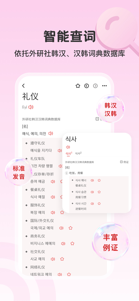 예문과 발음 기능을 갖춘 중국어 사용자를 위한 외연사 한국어 학습 앱의 스마트폰 이중 언어 사전 검색 인터페이스