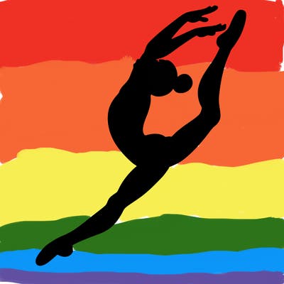 gymnast doing a leap in a leotard with a bent back leg