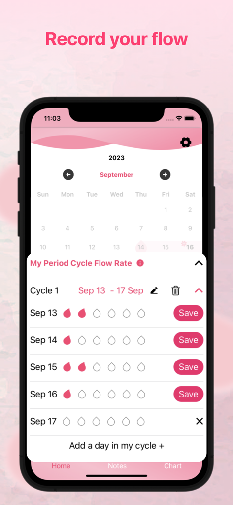 Ovulation + Period Tracker - Mobile app screen showing daily menstrual flow intensity logging with droplet icons
