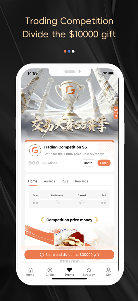 Coinget mobile app screen showcasing a cryptocurrency trading competition with a prize pool
