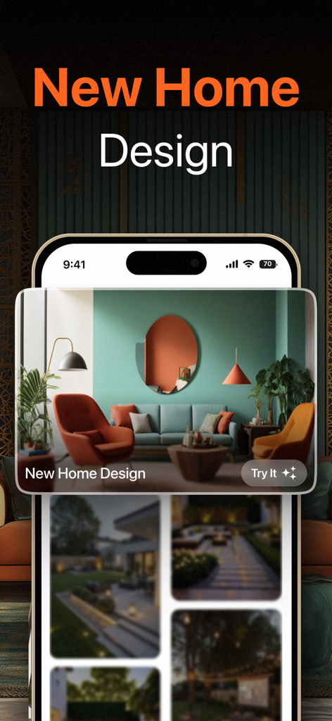 AI Home Design - Homely AI - Homely AI app interface displaying a modern living room visualization with the text New Home Design