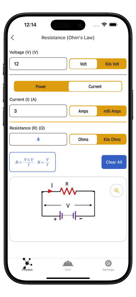 My Physics Calculator - Interface of the Ohm's Law resistance calculator in the My Physics Calculator app showing voltage and current inputs with a circuit diagram