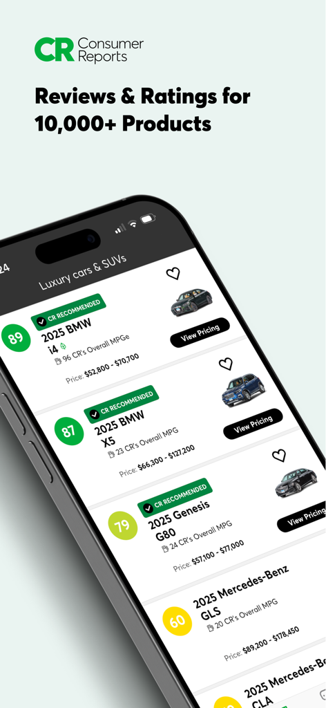 Consumer Reports app interface showing expert ratings and recommendations for luxury cars and SUVs.