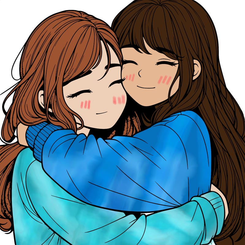 realistic two girls hugging