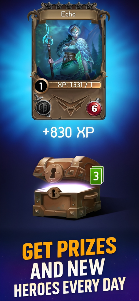 Card Heroes: CCG Magic Arena - Carta de héroe Echo sobre un cofre del tesoro abierto con texto de premios diarios