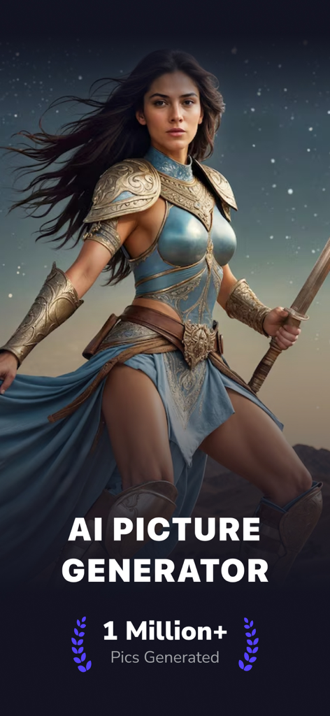 Flowline - AI Photo Generator - Ein KI-generiertes Bild einer filmischen weiblichen Kriegerin in Rüstung unter einem Sternenhimmel