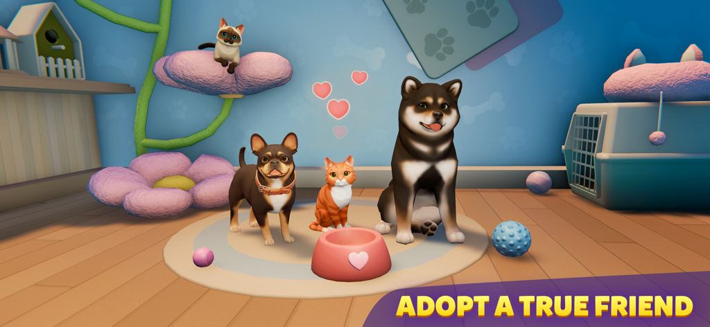 Group of virtual dogs and cats in a room with the text Adopt a True Friend