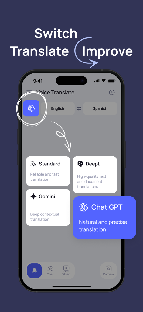 ChatGPT、DeepL、GeminiなどのAI翻訳エンジンの切り替えオプションを表示するiPhone画面。