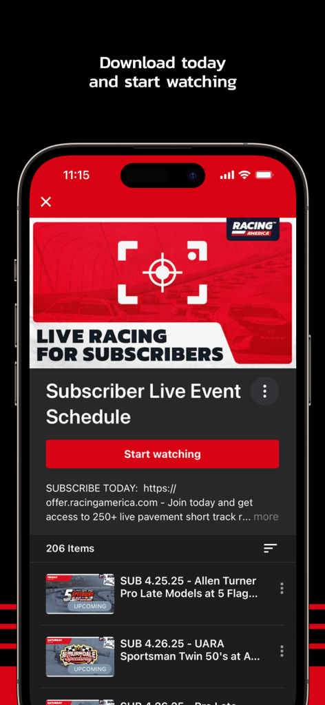 RacingAmerica.tv - RacingAmerica app interface showing the live racing schedule for subscribers.