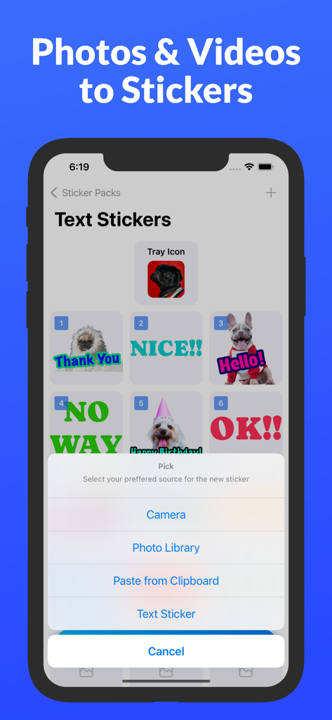 Interface of Sticker Maker app showing a custom dog sticker pack with text overlays like Thank You and Nice