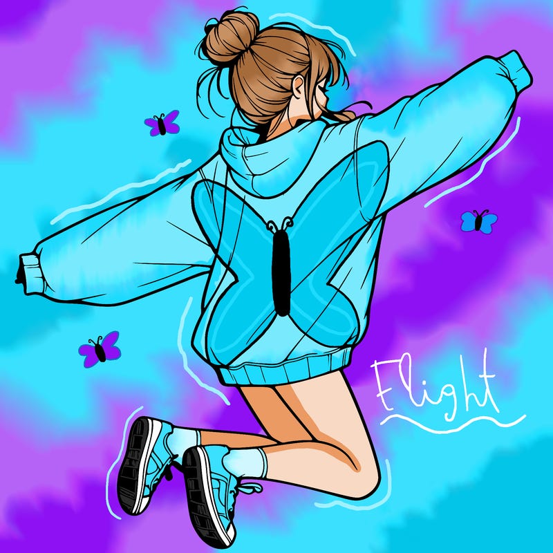 realistic girl jumping with a bun and oversized sweatshirt