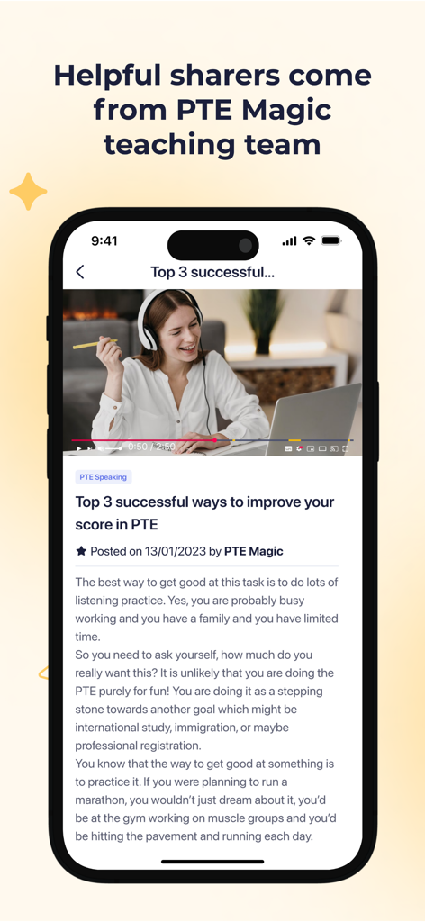 Tela de smartphone mostrando dicas e estratégias da equipe de ensino do aplicativo PTE Magic para melhorar as pontuações do exame