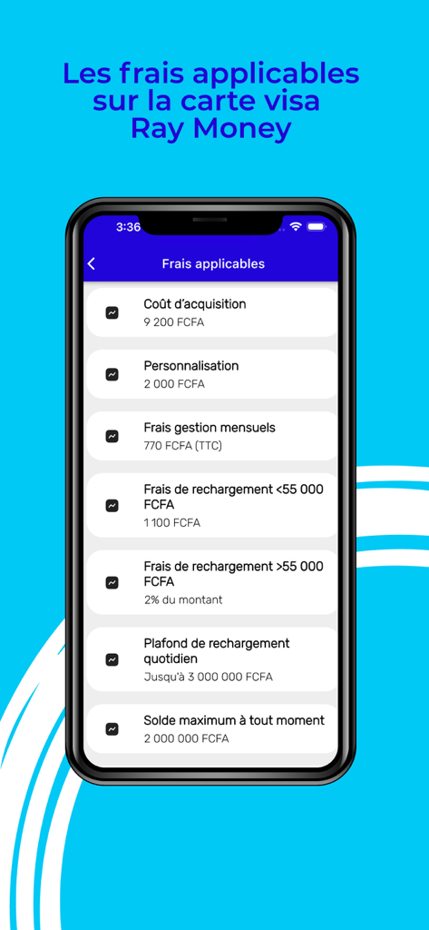 Ray Money - Ray Moneyアプリ画面、FCFAでのVisaカードの適用手数料と制限を表示
