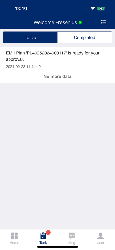 Fresenius - Fresenius mobile app task approval interface with navigation menu