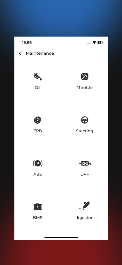 TopGuru - Capture d'écran de l'application TopGuru montrant les options de réinitialisation des services de maintenance automobile.