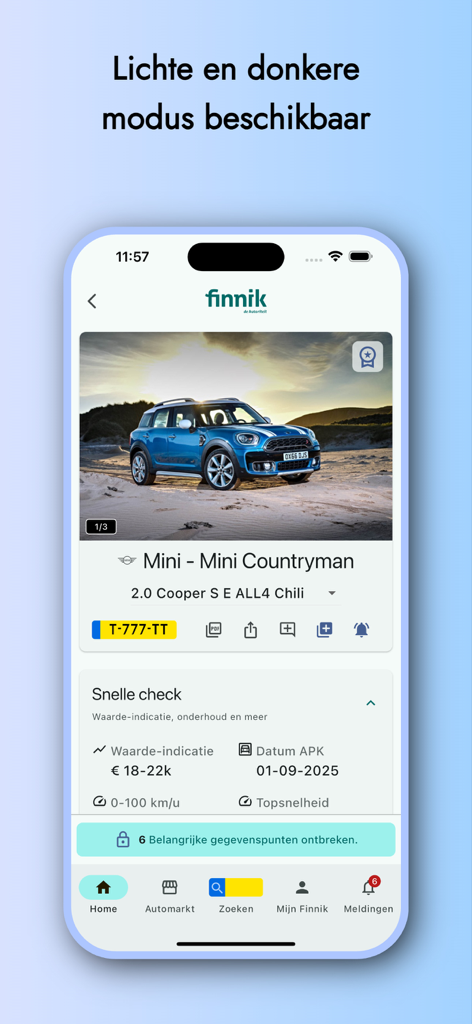 Finnik mobile app interface showing car details and valuation for a Mini Countryman