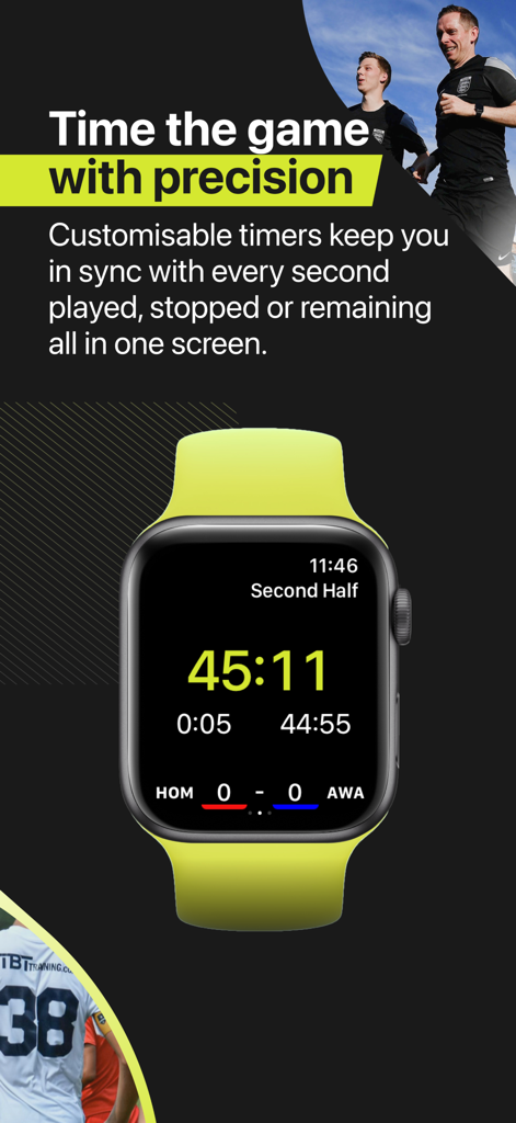 Smartwatch interface of the REFSIX app showing a soccer match timer and score