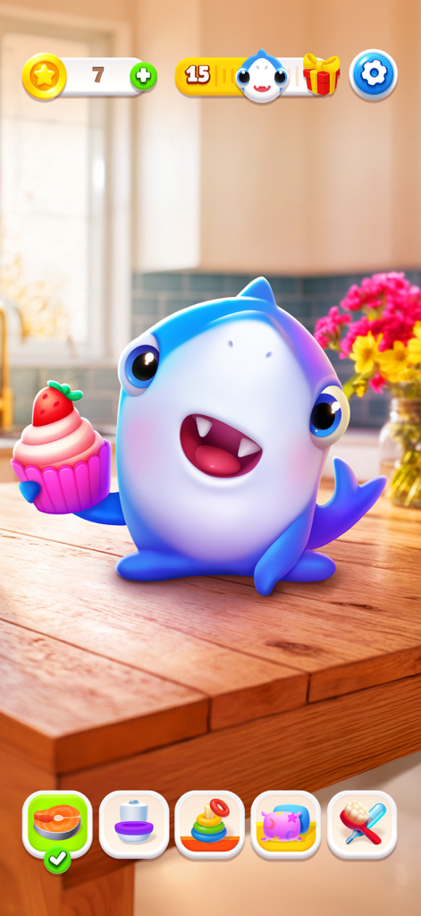 A cute blue virtual shark pet sitting on a wooden table and holding a pink cupcake