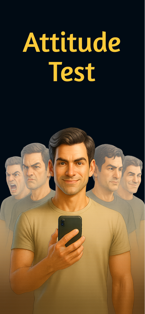 Pantalla de la aplicación Attitude Test mostrando a un hombre sosteniendo un smartphone con múltiples expresiones faciales que representan diferentes actitudes de personalidad.