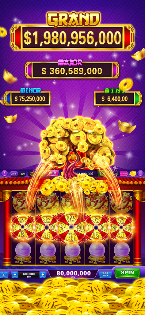 Slots-Heart of Diamonds Casino - Heart of Diamonds Casino slot machine interface showing a golden coin tree and jackpot amounts including grand, major, minor, and mini.