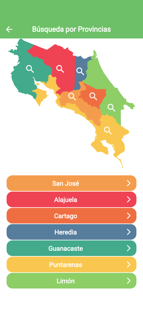 ICP App - Mapa de Costa Rica mostrando la búsqueda por provincia en la App ICP