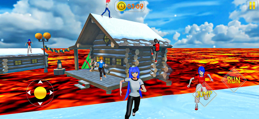 Anime Parkour lava Jump Game - Anime characters climbing on log cabins to escape a rising floor of lava