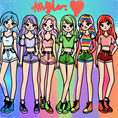 a group of girls wearing crop tops and shorts