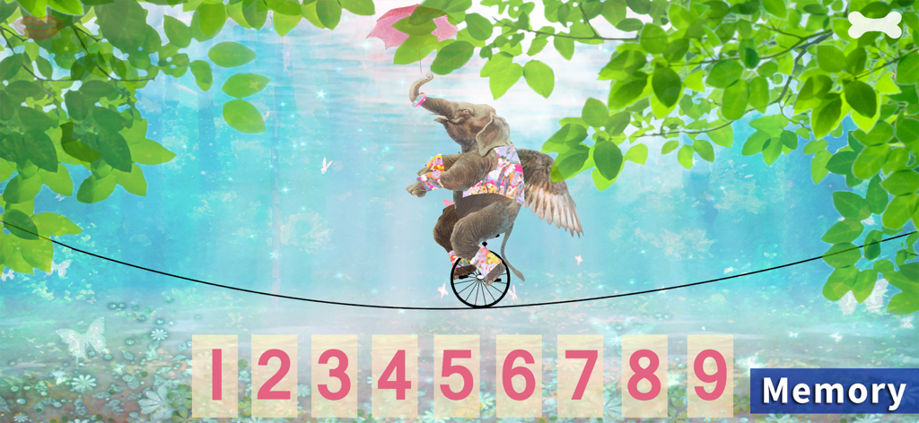 An elephant balancing on a unicycle on a tightrope over the numbers 1 to 9 in a memory learning game