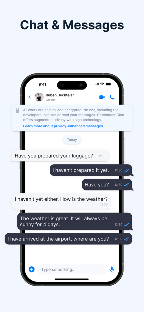 Interface do aplicativo móvel Getcontact mostrando uma conversa de chat segura com criptografia de ponta a ponta