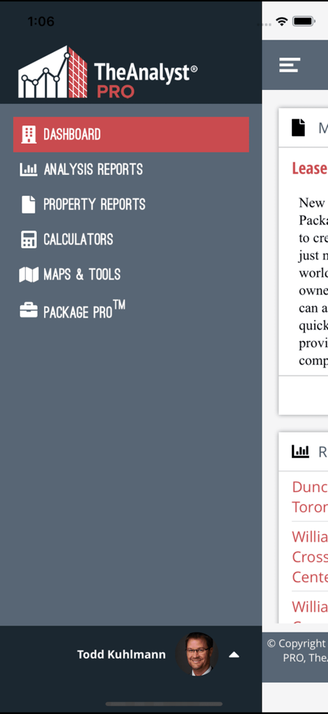 TheAnalyst® PRO - TheAnalyst PRO app sidebar menu featuring tools for commercial real estate analysis and reporting.