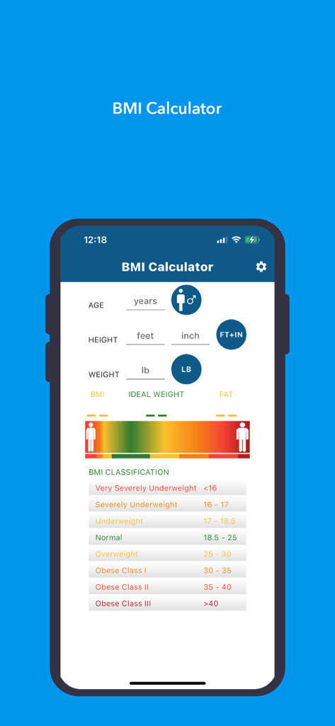 BMI Calculator - Healthy & Fit - User interface of BMI Calculator app showing input fields and a detailed weight classification table.
