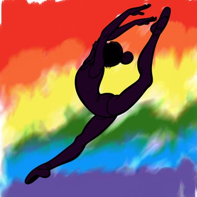 gymnast doing a leap in a leotard with a bent back leg