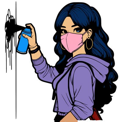 realistic girl with mask spray painting a wall