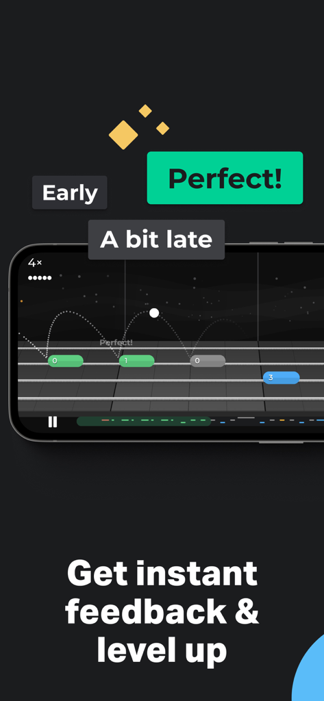 Interfaz de retroalimentación en tiempo real de la app Ukelele de Yousician mostrando precisión de ritmo.