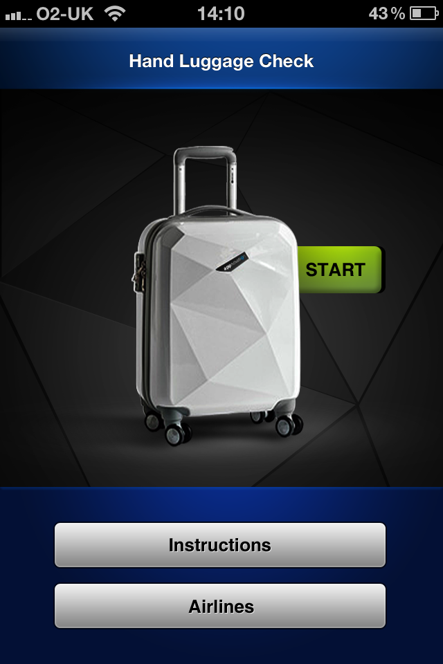 Luggage Checker - Luggage Checker app home screen featuring a white suitcase and buttons to start instructions and airline rules